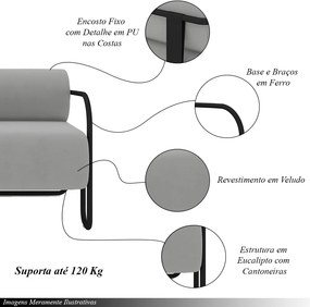 Poltrona Decorativa Sala de Estar Polatsk Base Industrial de Ferro Veludo Cinza Claro G33 - Gran Belo