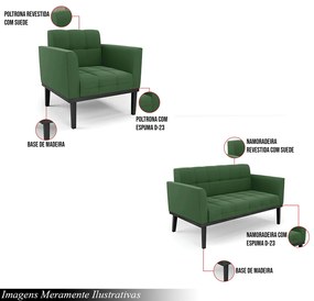 Conjunto 2 Poltronas e 1 Namoradeira Decorativa Karen Pés Fixo em Madeira Preto Suede Verde G19 - Gran Belo