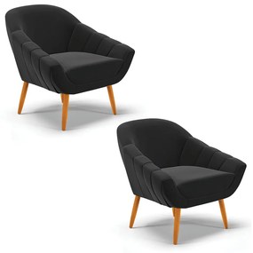Kit 02 Poltronas Giovana Suede Preto Pés Palito Castanho - Indo Decorar