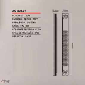 Fonte Slim 150W 12,5A 12V/dc Bivolt Ip20 | Opus Ac 82604