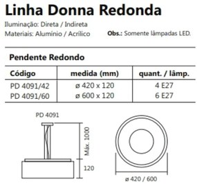 Pendente Donna Ø60X11Cm 6Xe27 / Metal E Acrilico | Usina 4091/60 (BT - Branco Texturizado)