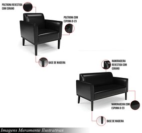 Conjunto 2 Poltronas e 1 Namoradeira Decorativa Isabella Pés Fixo em Madeira PU Preto Brilho G19 - Gran Belo