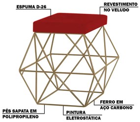 Puff Decorativo Sala de Estar Base Gold Trixie Veludo Vermelho G41 - Gran Belo