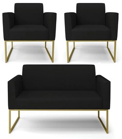 Sofá Namoradeira com 2 Poltronas Base Industrial Dourado Marisa Linho Preto A79 D03 - D'Rossi