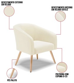 Poltrona Decorativa Pé Palito Natural Kit 2 Stella Cotelê Int/Veludo D03 - D'Rossi - Off White
