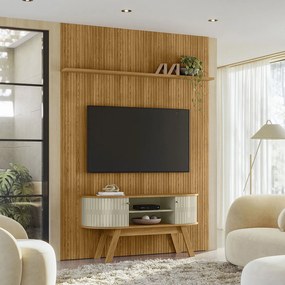 Conjunto Painel e Bancada Troia 2 Portas Deslizantes MDP Pintura UV até 65 Cumaru/Opala G97 - Gran Belo