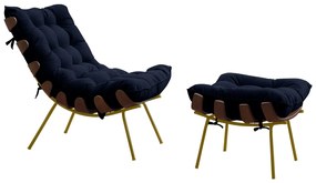 Conjunto Decorativo Poltrona e Puff Abel Base de Madeira Dourada Veludo Azul G41 - Gran Belo