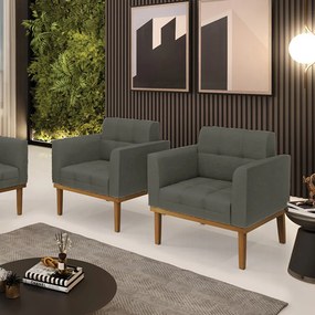 Kit 2 Poltronas Decorativas Karen Pés Fixo em Madeira Castanho Linho Cinza Mesclado G19 - Gran Belo