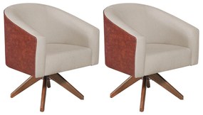 kit 02 Poltronas Luiza Base Giratória de Madeira Sintético Nozes e Linho Bege - ADJ Decor