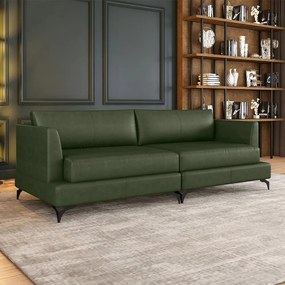 Sofá Living Bipartido 230cm Indonésia Pés de Ferro Couro Verde Manchado G52 - Gran Belo
