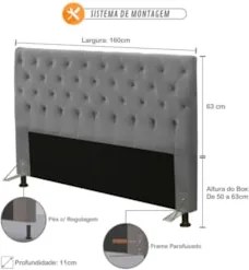 Cabeceira Cama Box Casal Queen 160cm Cristal Veludo Cinza - MV Estofad