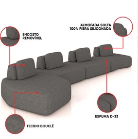 Sofá 4 Lugares Orgânico com Chaise e 3 Módulos Berlim Bouclê Grafite K01 - D'Rossi