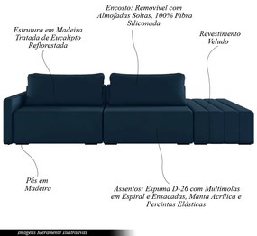 Sofá Ilha Modulado Milos 252cm Puff Lateral Veludo Azul Marinho G33 - Gran Belo