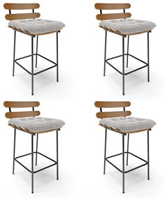 Kit 04 Banquetas Costela Veludo Cinza Base Metálica Preto - D'Rossi