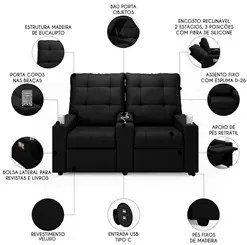 Poltrona de Cinema Reclinável 2 Lugares Baú USB Mallie FH9 Veludo Pret