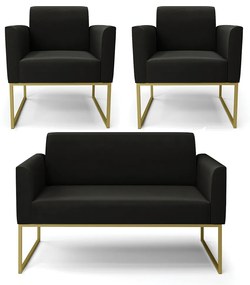 Sofá Namoradeira com 2 Poltronas Base Industrial Dourado Marisa Suede Preto D03 - D'Rossi
