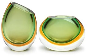 Par de Vasinhos 92 e 96 Bicolor Verde com Âmbar Murano Cristais Cadoro