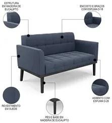 Sofá Namoradeira Base Madeira Preto Ana Suede Azul Marinho - Ibiza