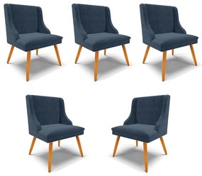 Kit 5 Cadeiras Decorativas Sala de Jantar Pés Palito de Madeira Firenze Suede Azul Marinho/Natural G19 - Gran Belo