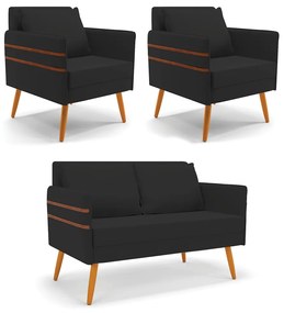 Kit 01 Namoradeira 02 Lugares e 02 Poltronas Mari Veludo Preto Pés Palito Castanho - D'Rossi
