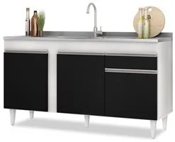 Balcão Gabinete com Pia Inox 150cm 3 Portas 1 Gaveta Dakota Branco/Pre