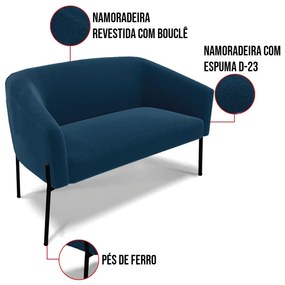 Sofá 2 Lugares Namoradeira Pé de Ferro Preto Stella Bouclê D03 - D'Rossi - Azul