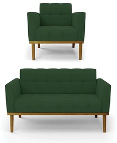 Conjunto Poltrona e Namoradeira Decorativas Karen Pés Fixo em Madeira Castanho Veludo Verde Esmeralda G19 - Gran Belo