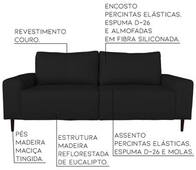 Sofá 02 Lugares Sala de Estar Recepção 200cm Brad Couro Preto G58 - Gran Belo
