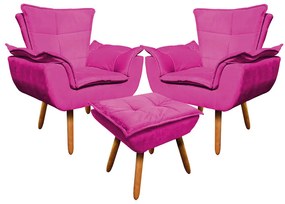 02 Poltronas e 01 Puff Pé Palito de Madeira Opala Suede - Pink