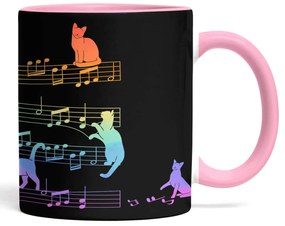 Caneca Gato Musical Arco Iris Cat Lover Preta com Alça Rosa