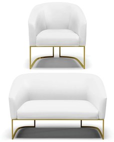 Sofá Namoradeira e Poltrona Base Industrial Dourado Stella Sintético D03 - D'Rossi - Branco
