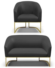 Sofá Namoradeira e Poltrona Industrial Dourado Stella Sintético D03 - D'Rossi - Preto