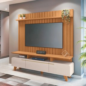 Conjunto Decorativo Bancada Essenza e Painel Suspenso Link MDP/MDF Off White/Cinamomo G26 - HB Móveis