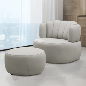 Conjunto Sala de estar Decorativo Mariele Poltrona Base Giratória em Aço com Puff Couro Off White G88 - Gran Belo