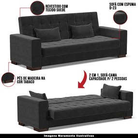 Sofá Cama Decorativo 210cm Beesley Suede Preto G19 - Gran Belo