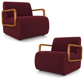 Kit 2 Poltronas Decorativa Sala de Estar Odessa Braços em Madeira Veludo Bordô G33 - Gran Belo