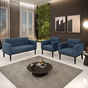 Sofá Namoradeira e 2 Poltronas Base de Madeira Preto Elisa Suede D03 - D'Rossi - Azul Marinho