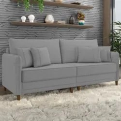 Sofá 3 Lugares Living 232cm Pé Madeira Zoe Linho Cinza Escuro Z08 - Mp