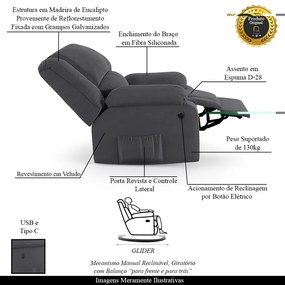 Poltrona do Papai Reclinável Sala de Cinema Madrid Glider Manual Giratória USB Veludo Cinza Grafite  G23
