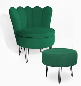 Poltrona Decorativa Dália com Puff Chloe Hairpin Legs Preto Veludo Verde Bandeira