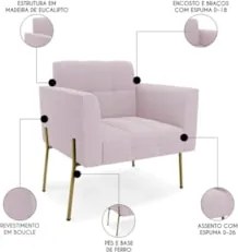 Poltrona Para Sala Pé Metal Dourado Kit 2 Ana Bouclé Rosê - Ibiza