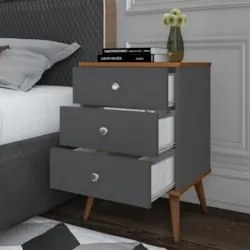 Mesa Cabeceira 35cm 3 Gavetas Pés Palito Thames Onix/Freijó E05 - Mpoz