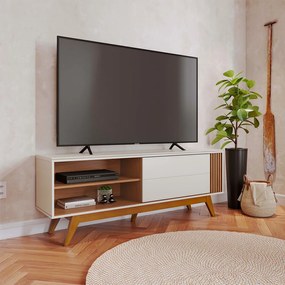 Rack Bancada Pés Madeira Nuro 160cm Porta Deslizante MDF/MDP TV até 60 Off White/Freijó G73 - Gran Belo