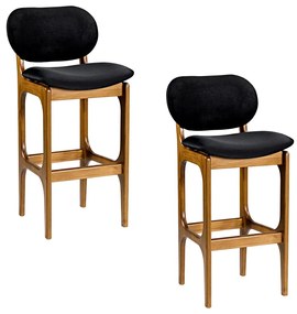 Kit 2 Banquetas Alta Madeira Maciça Soshoku Veludo Preto/Imbuia G42 - Gran Belo