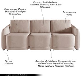 Sofá Cama Modulado Retrátil e Reclinável Decorativo Varsóvia 276cm Veludo Rosê G33 - Gran Belo