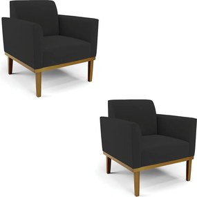 Kit 2 Poltronas Decorativas Isabella Pés Fixo em Madeira Castanho Veludo Preto G19 - Gran Belo
