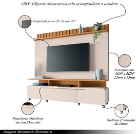 Home Painel Decorativo Alhambra TV até 70 Pol MDP/MDF Pés Rodízio Off White/Cinamomo G26 - Gran Belo