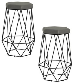 Kit 2 Banqueta Decorativa Rubel Base Preta Suede Cinza G41 - Gran Belo