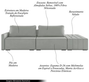 Sofá Ilha Modulado Milos 232cm Puff Lateral Veludo Cinza G33 - Gran Belo
