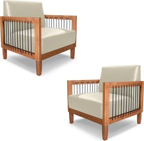 Kit 2 Poltronas Sala de Estar Pés Madeira Maciça Corda Náutica Preta 75cm Manila PU Bege G63 - Gran Belo